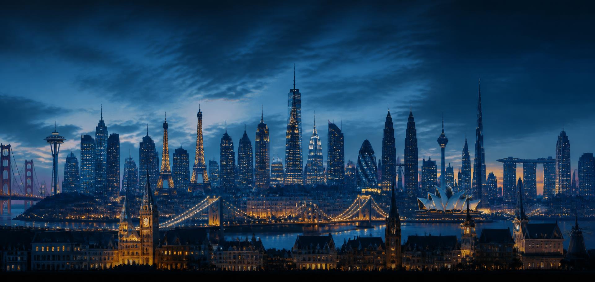 Skylines of cities and towns around the world at dusk